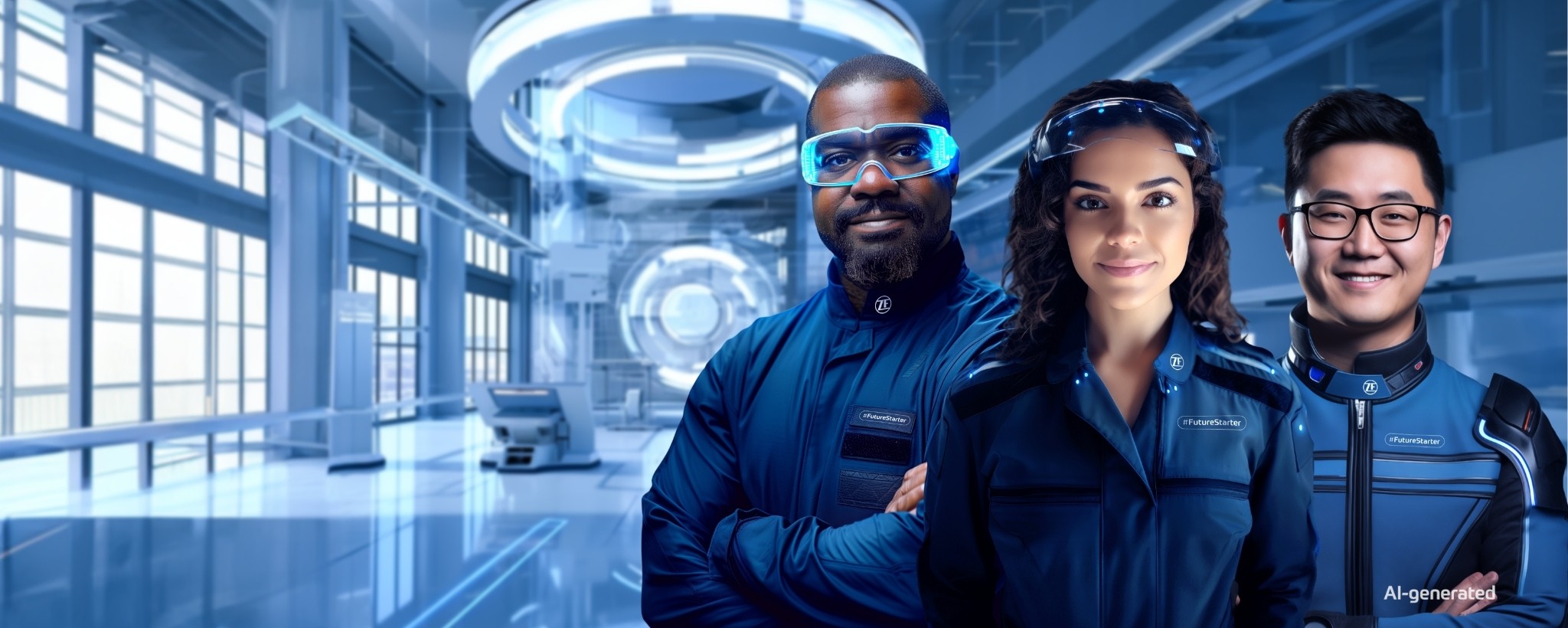 Three ZF employees shown in a futuristic, AI-generated transformation