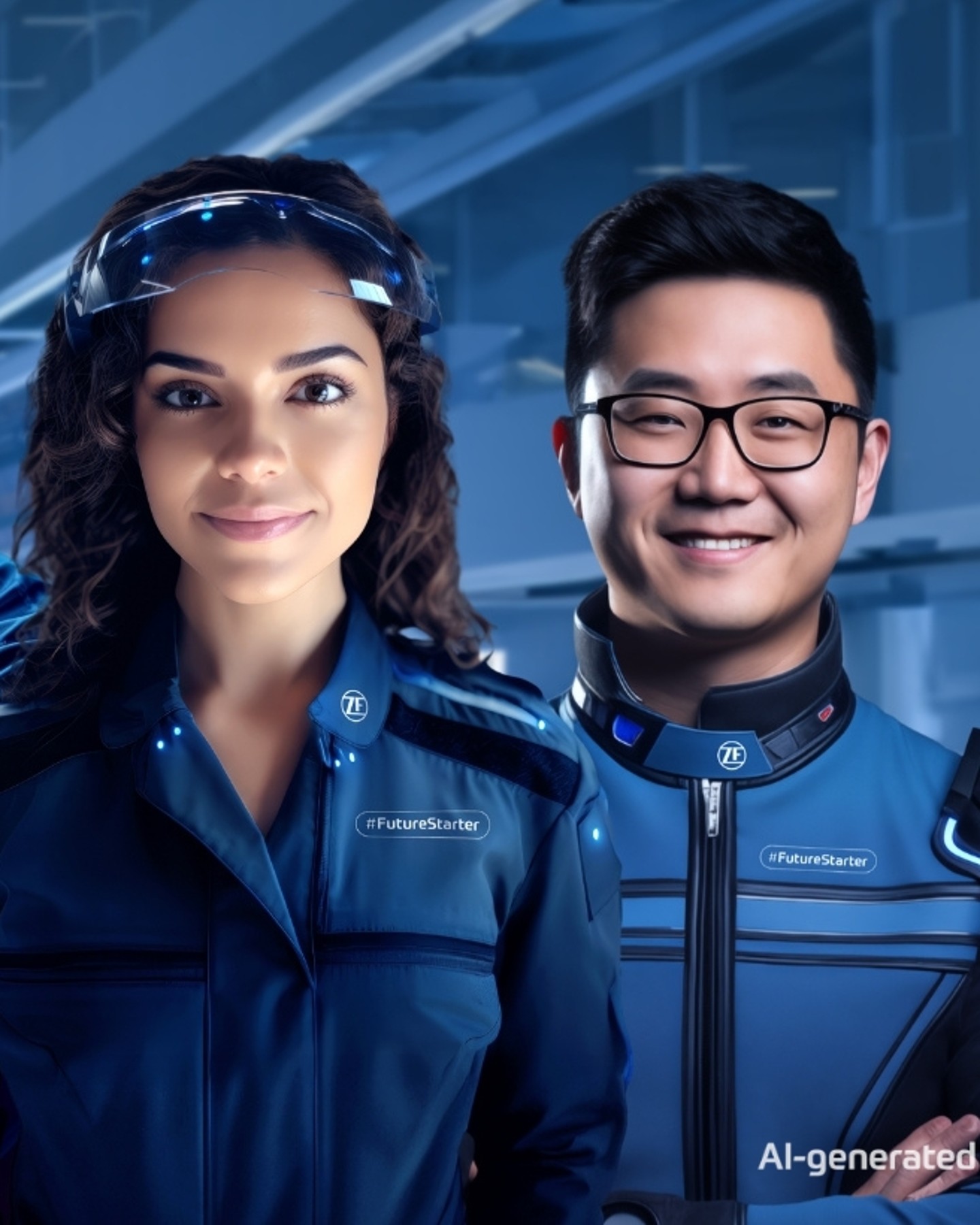 Three ZF employees shown in a futuristic, AI-generated transformation