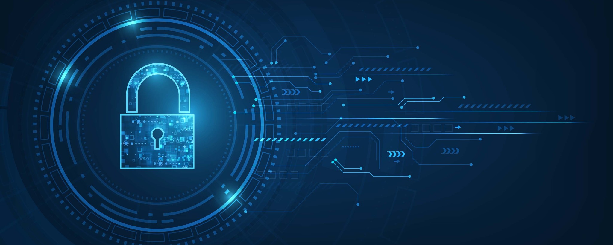 Digital padlock on dark blue background