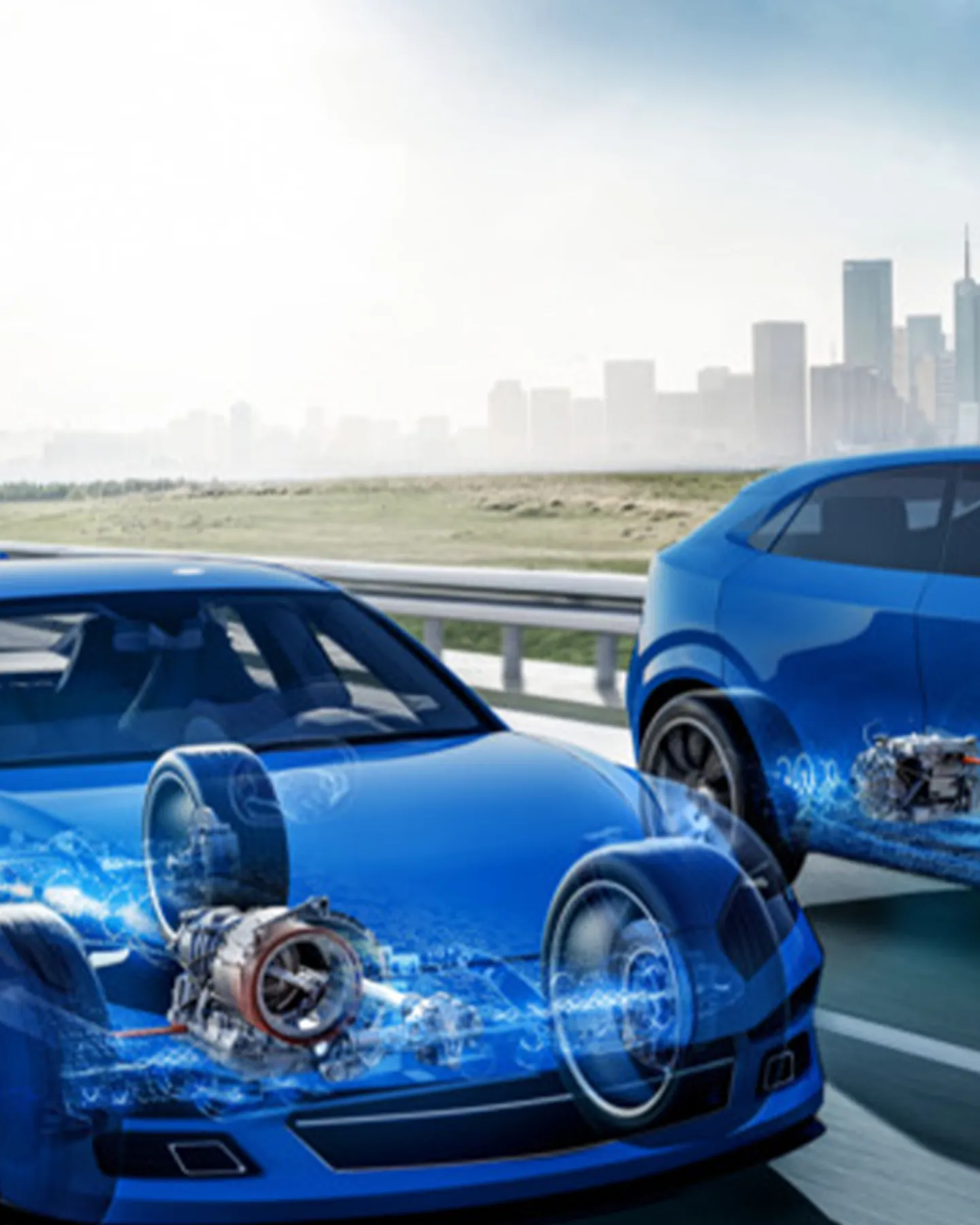 Gläsernes Elektroauto auf einer Landstraße mit sichtbar dargestelltem E-Antrieb und Hochvoltbatterie.