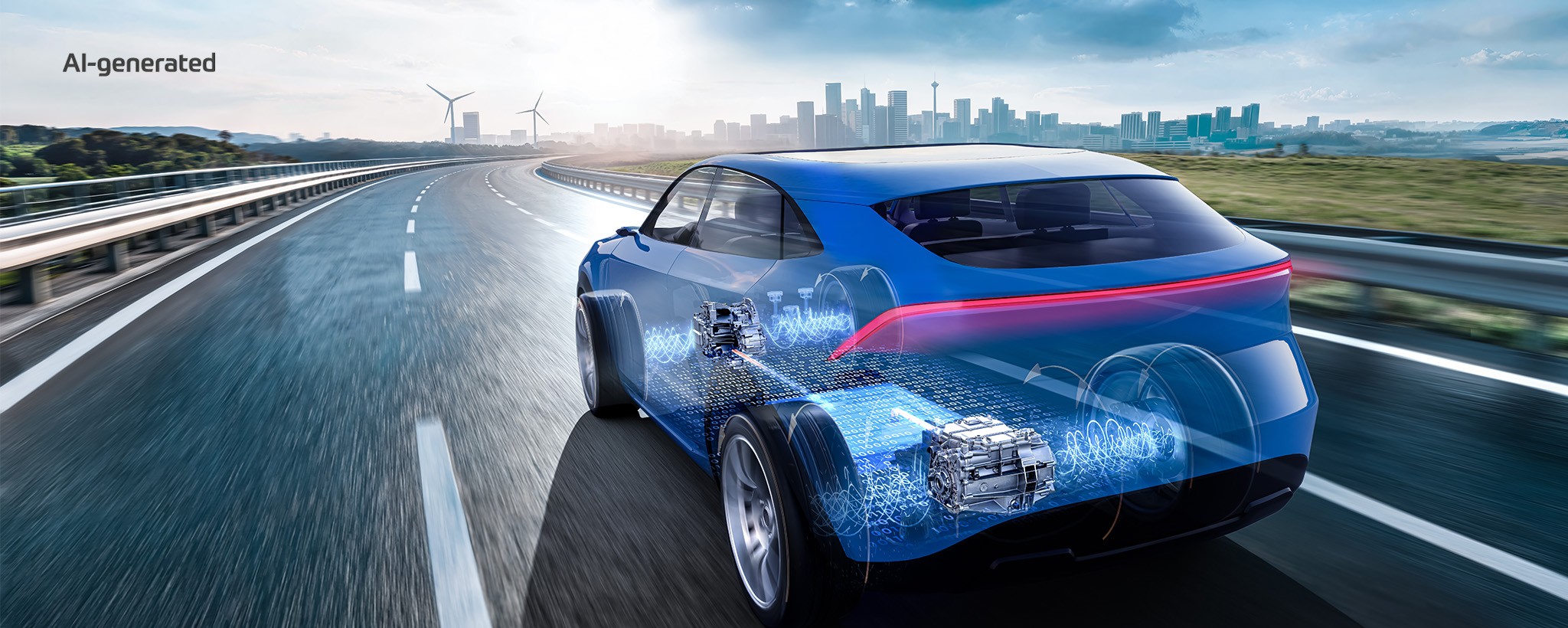 Gläsernes Elektroauto auf einer Landstraße mit sichtbar dargestelltem E-Antrieb und Hochvoltbatterie.