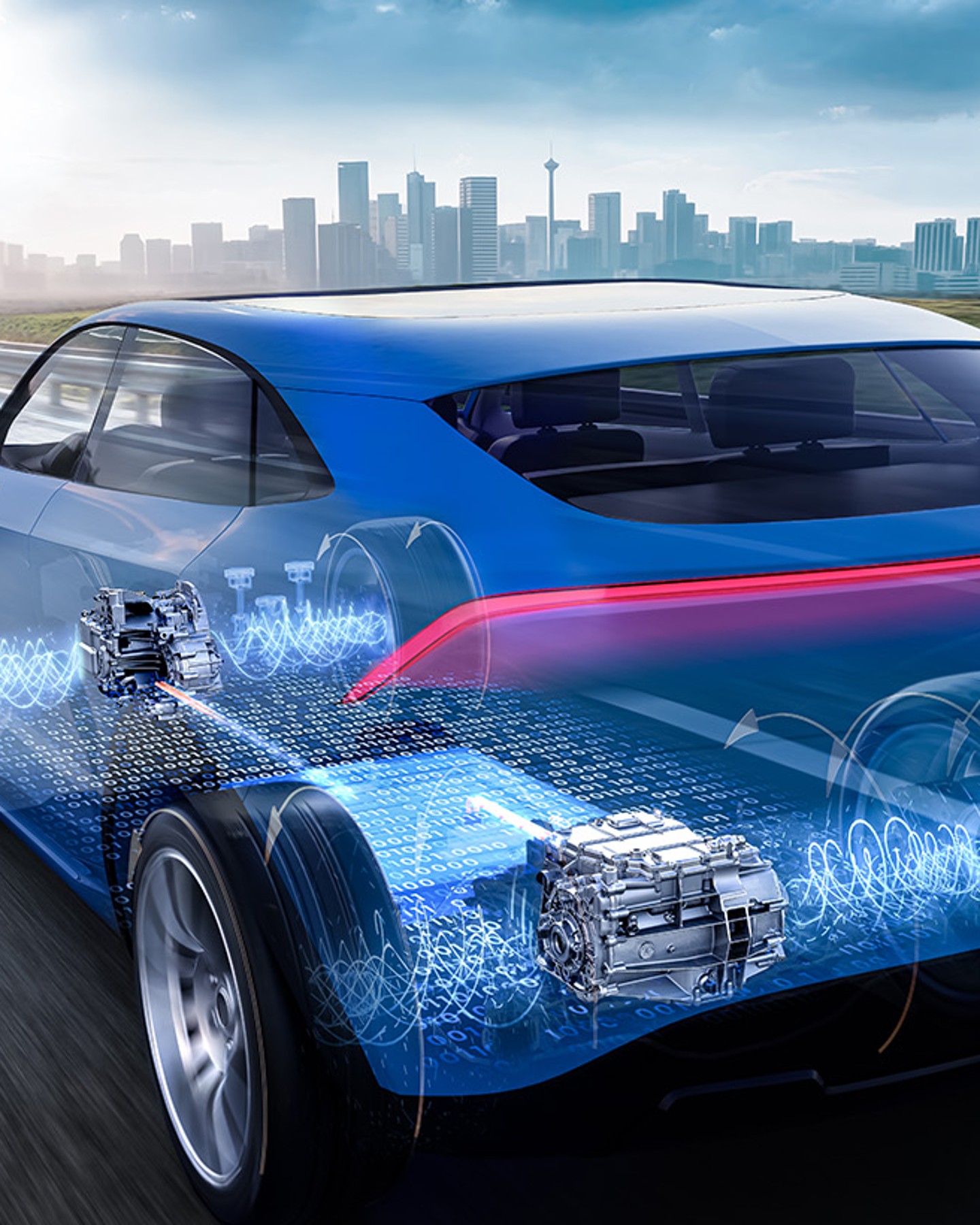 Gläsernes Elektroauto auf einer Landstraße mit sichtbar dargestelltem E-Antrieb und Hochvoltbatterie.