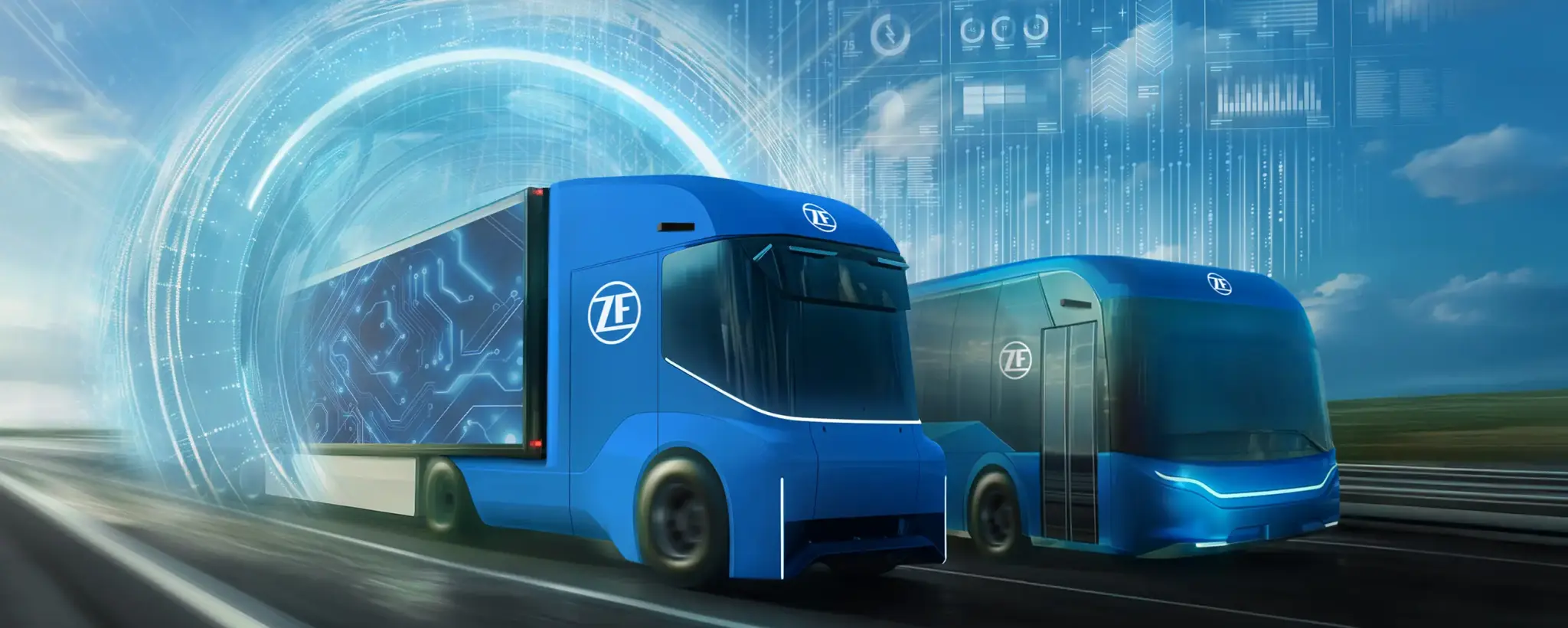 Two modern blue commercial vehicles with ZF logos—a truck and a bus—drive side by side on a road. The truck’s side panel displays a glowing digital circuit pattern. In the background, futuristic graphics such as data dashboards, charts, and a circular light effect suggest a connected, data-driven technology environment.
