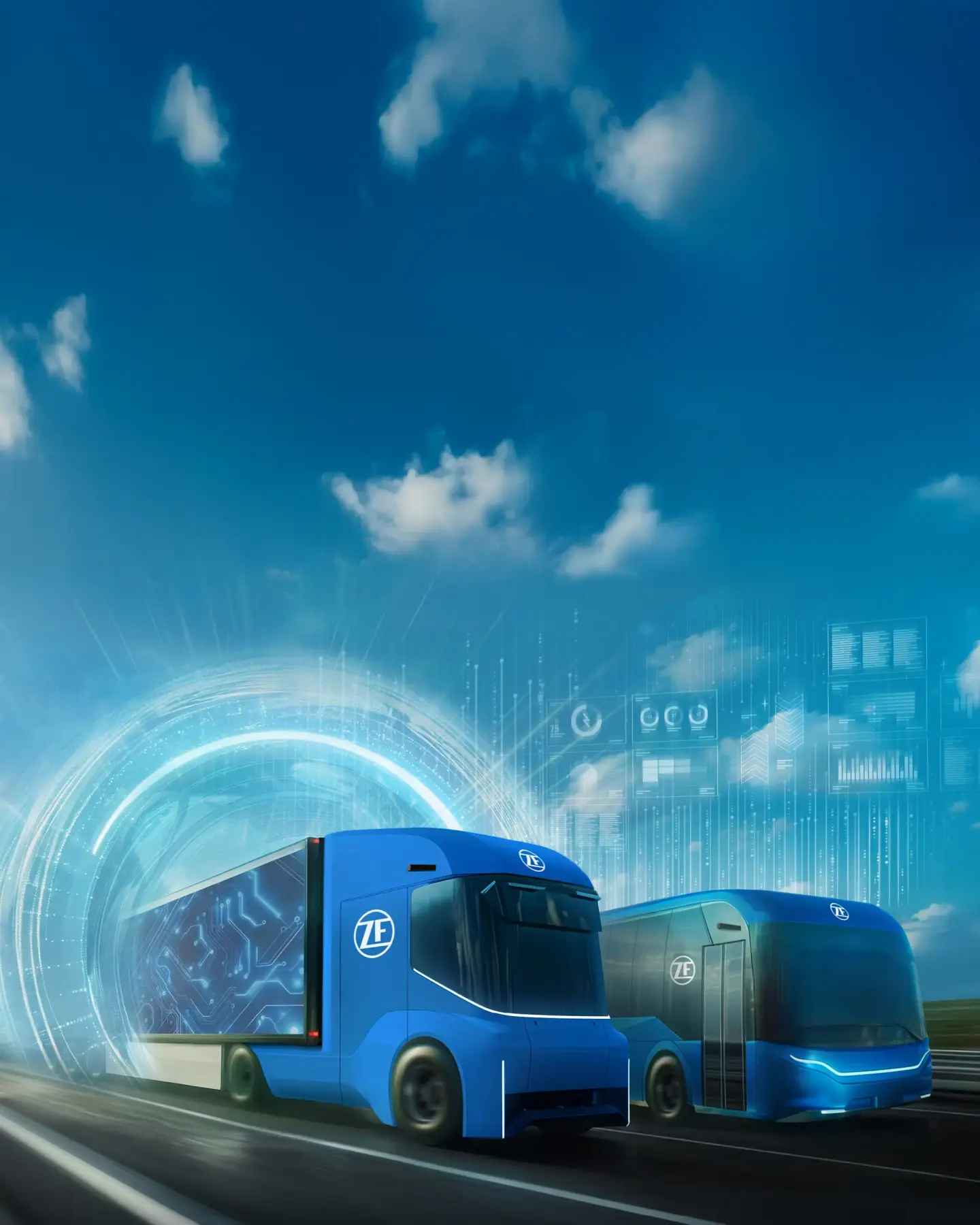 Two modern blue commercial vehicles with ZF logos—a truck and a bus—drive side by side on a road. The truck’s side panel displays a glowing digital circuit pattern. In the background, futuristic graphics such as data dashboards, charts, and a circular light effect suggest a connected, data-driven technology environment.