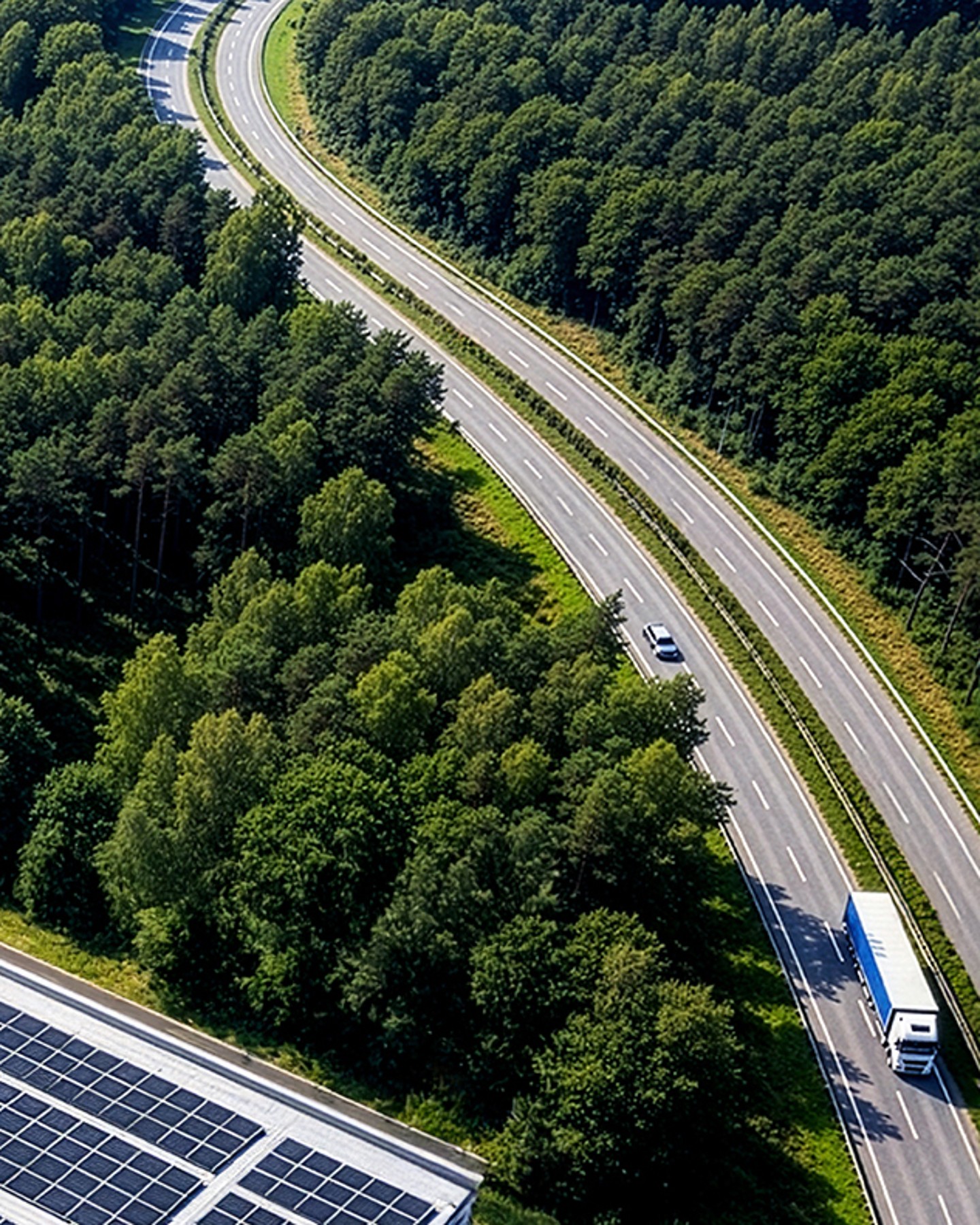 Industrial building with rooftop solar panels next to a forest and highway