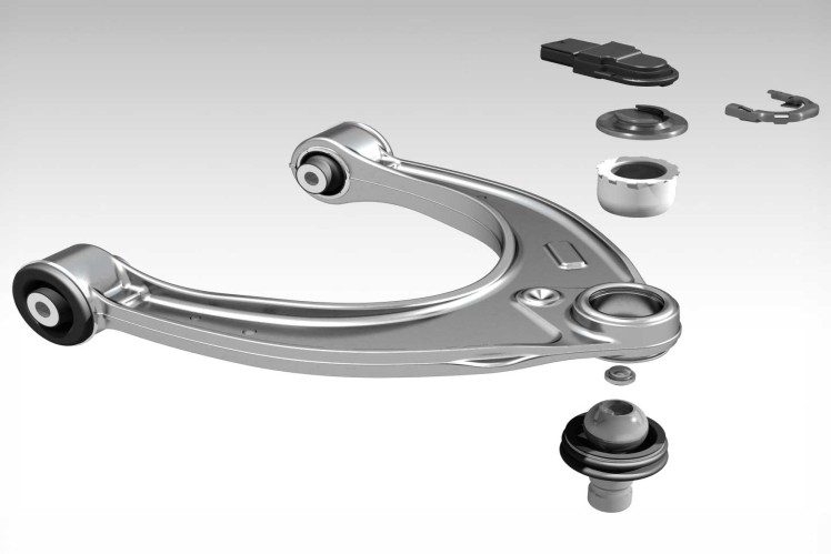 Image of a suspension control arm with associated components, including bushings, ball joint, and mounting parts. The parts are shown in an exploded view.