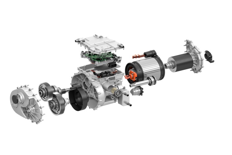 Exploded view of an electric axle drive showing components such as electric motor, power electronics, gearbox, and housing parts.