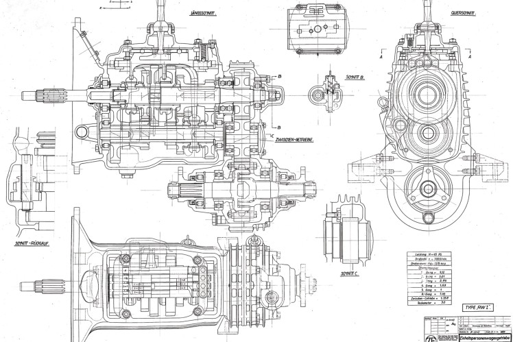 Auf einer Zeichnung in schwarz-weiss ist die Konstruktion eines Einheitsgetriebes für Pkw zu sehen.