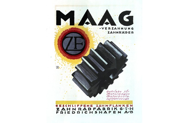 Das Bild zeigt ein altes farbiges ZF-Werbeplakat für Maag-Verzahnungen mit einem Zahnrad in der Mitte.