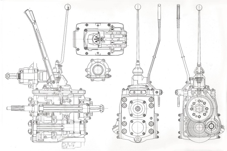 Dieses Bild zeigt eine Zeichnung in schwarz-weiss mit einem Einheitsgetriebe für Nutzfahrzeuge.
