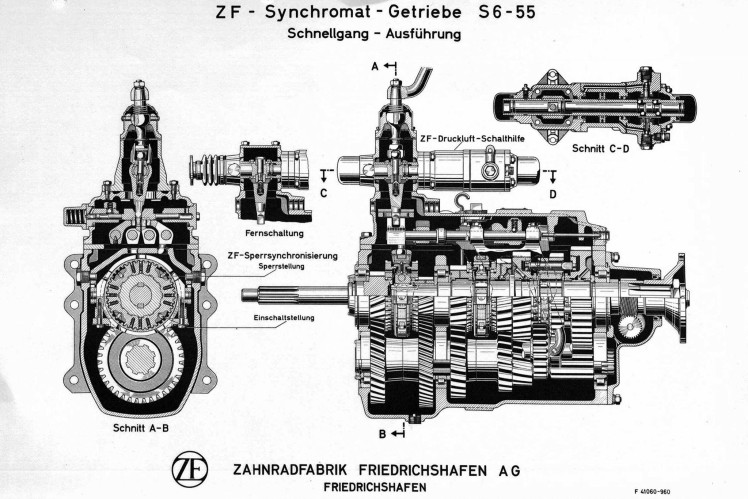 Auf einer Zeichnung in schwarz-weiss ist ein ZF-Synchroma-Getriebe S6-55 im Anschnitt zu sehen.