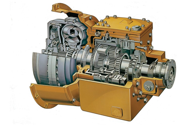 Das Bild zeigt in Farbe eine Zeichnung eines ZF-Hydromediagetriebes 2 HP 45 im Anschnitt.