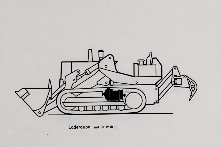 Das Bild zeigt eine von der Seite gezeichnete Laderaupe mit integriertem Planetenwendegetriebe von ZF. 