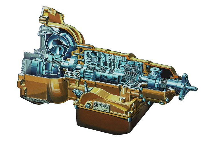Das Farbbild zeigt eine Zeichnung vom Pkw-Automatgetriebe 3 HP 22 im Anschnitt.