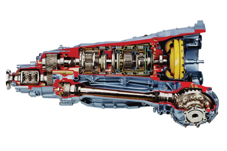 Das Farbbild zeigt ein freigestelltes Schnittmodell vom Pkw-Automatgetriebe 6 HP 26.