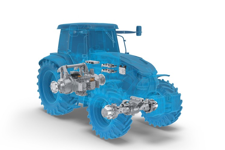 Semi‑transparent illustration of a tractor with its internal drivetrain and axle components visibly highlighted.