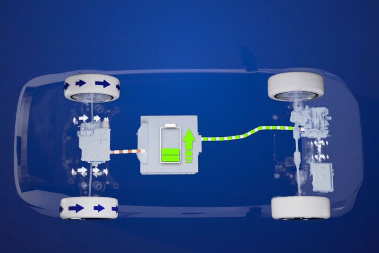 The animated graphic shows a car from underneath, with the drivetrain and wheels visible, and the new Range Extender positioned in the center.