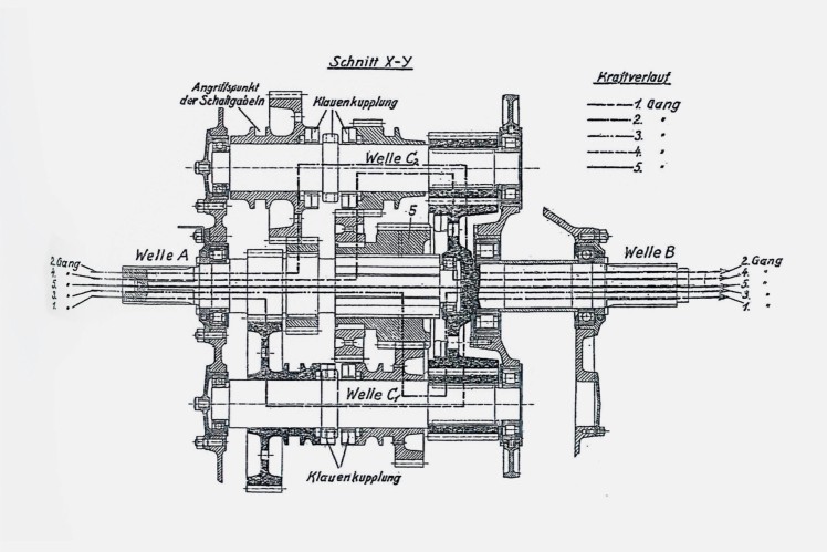 Historische Zeichnung des Soden-Getriebes TS 18.5
