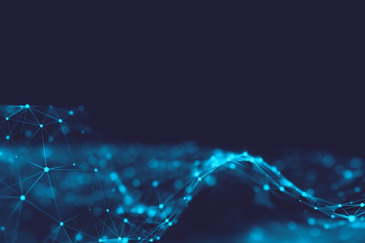 Blue digital image of lines and dots in wave formation