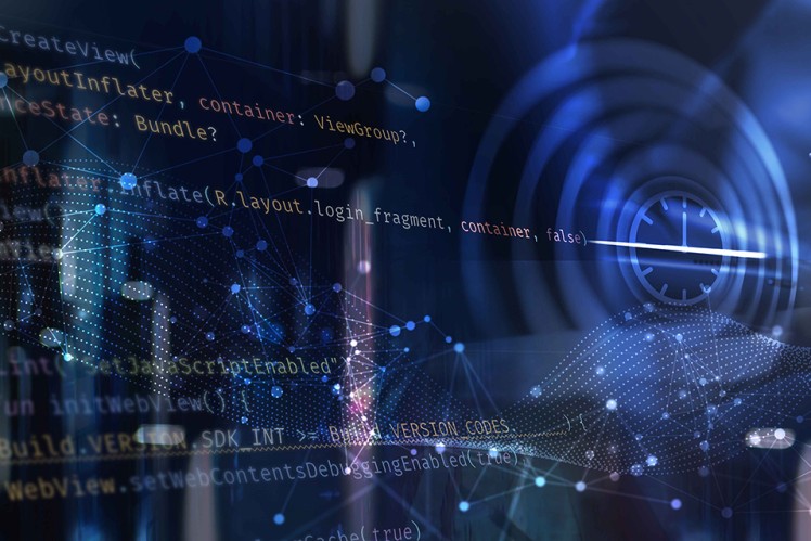 Blue digital image with clock face and text