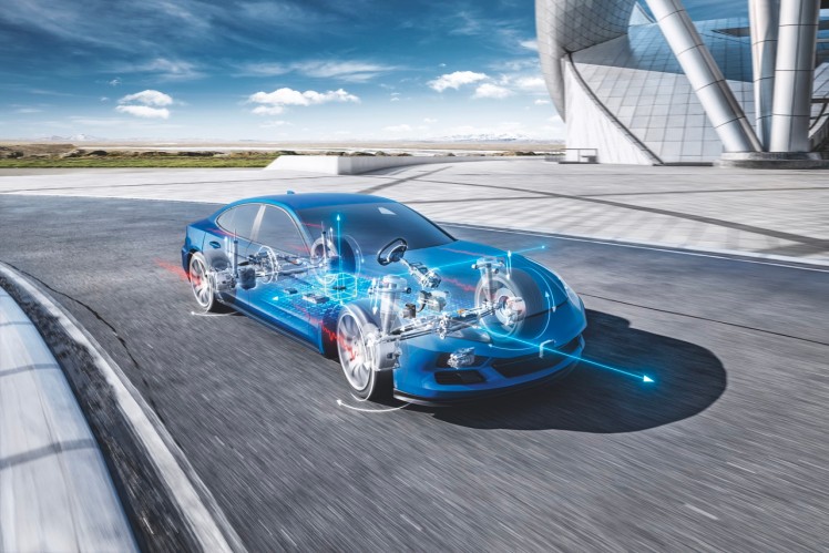 Digital image of blue transparent car on road