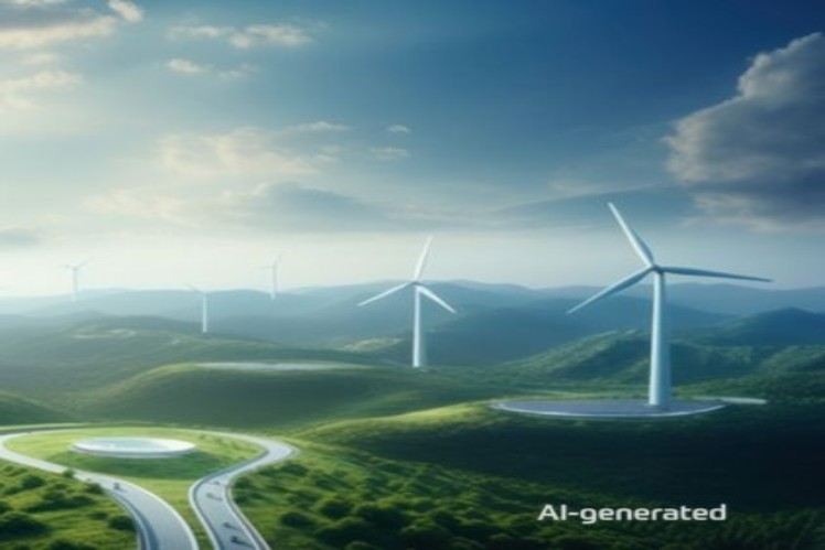 AI-generated landscape featuring rolling fields and multiple wind turbines under a bright sky, representing renewable energy and sustainable power generation.