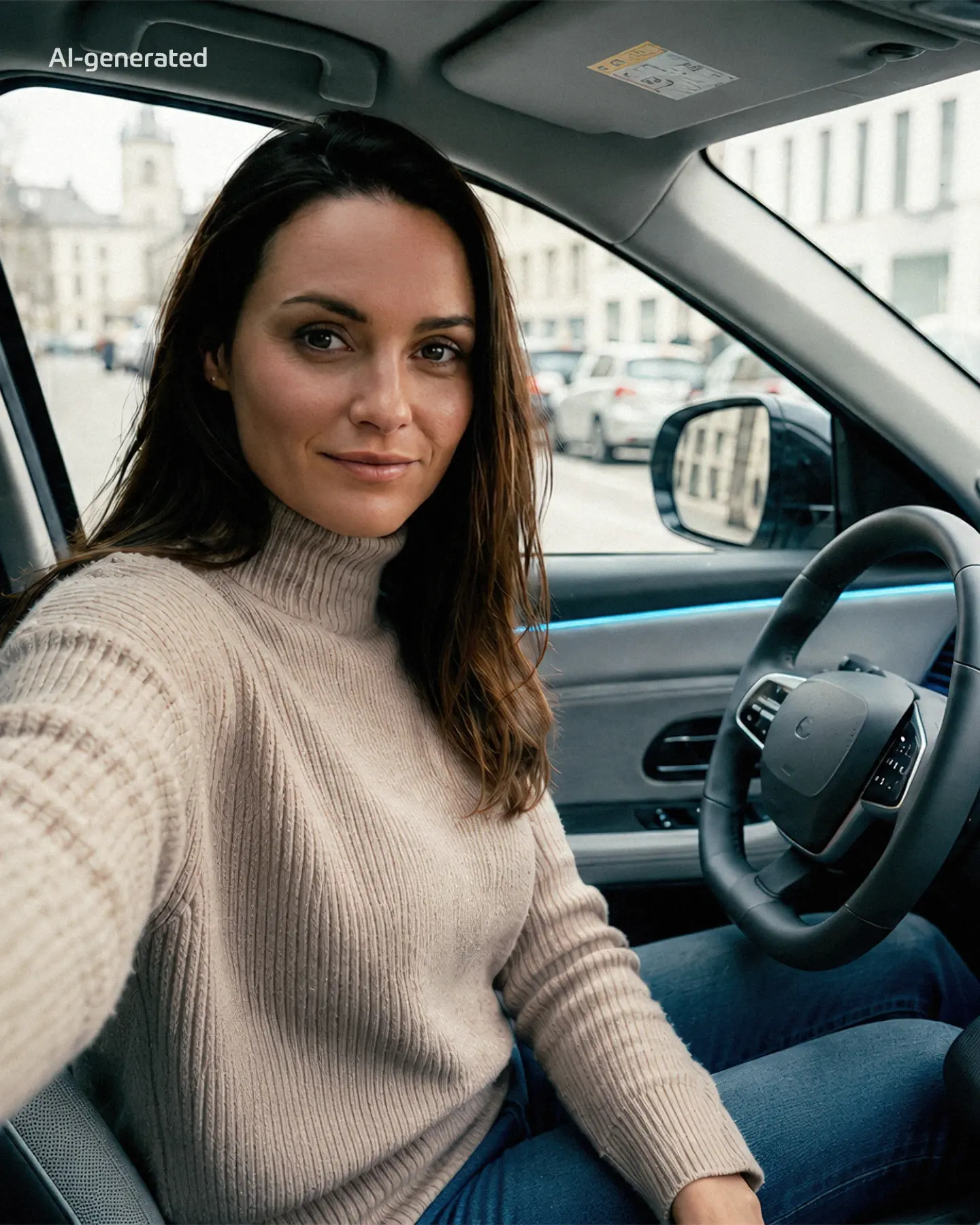 A woman in a cream-colored sweater taking a selfie inside a car with a digital dashboard and a coffee cup in the cup holder.