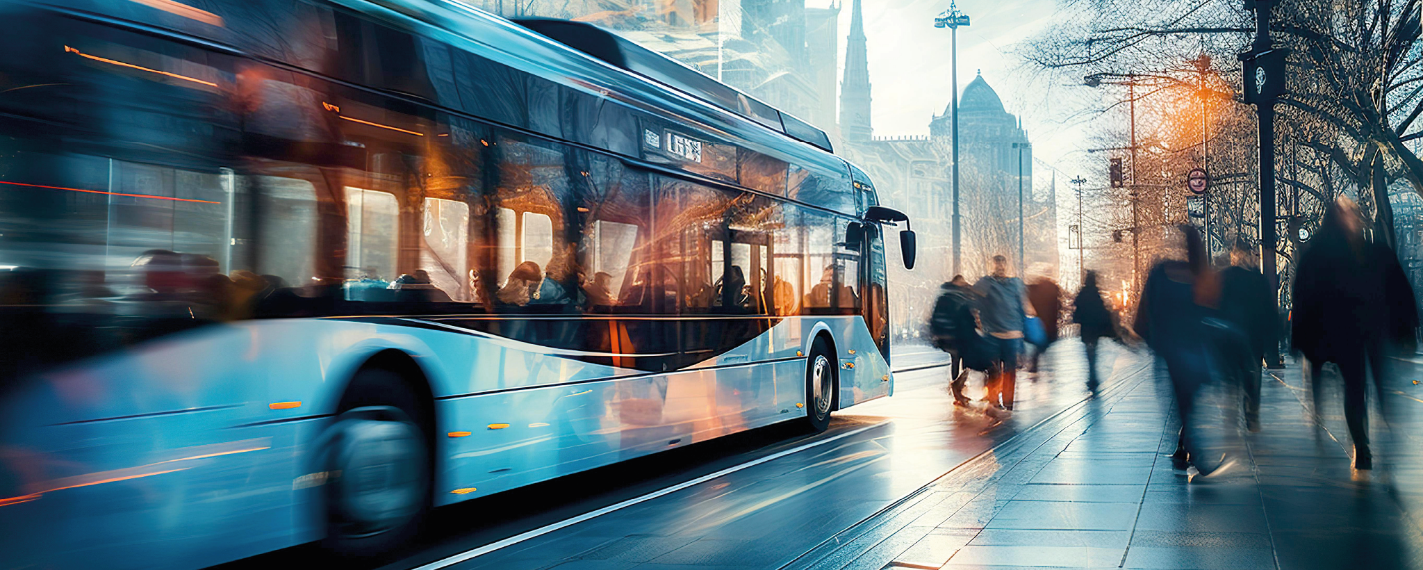 City bus on the street with pedestrians