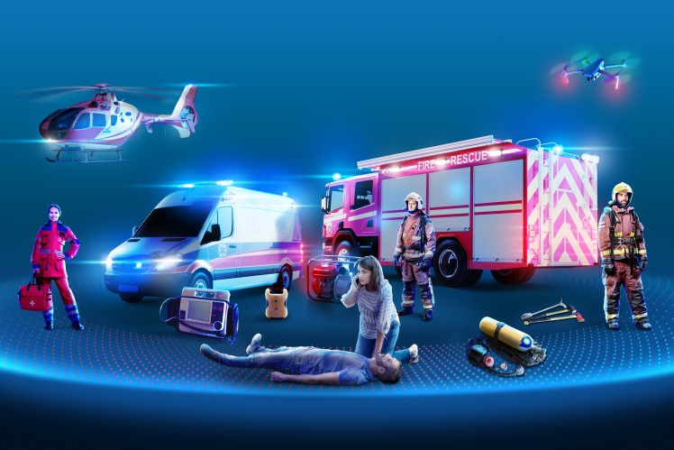 Collage of rescue vehicles: firetruck, ambulance, helicopter, and rescue workers helping injured person