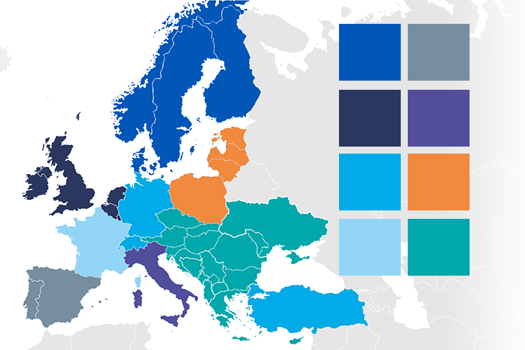 Map of European countries divided into sub-regions by color according to the responsible SUMS expert