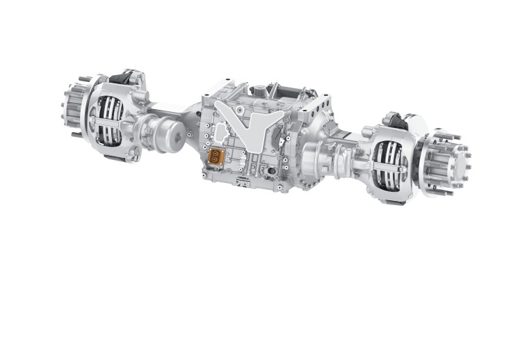 This e-axle is designed to replace engine, transmission, and conventional axle to electrify a commercial vehicle.