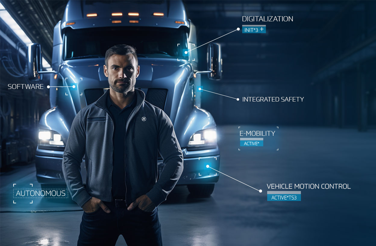 Class 8 semi truck with technology domains pointing to different areas of truck cab.Digitalization, Integrated Safety, e-Mobility, Vehicle motion control, Software, and Automation.