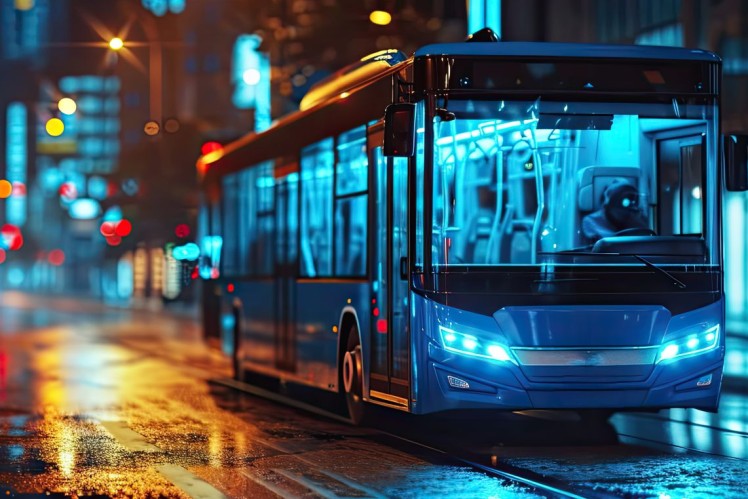 Bus fleet - bus in the street driving at night