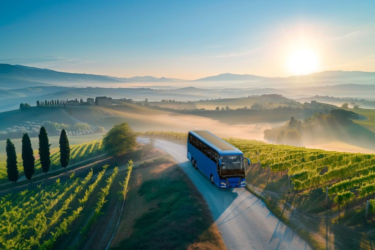 Bus fleet - bus driving in landscape