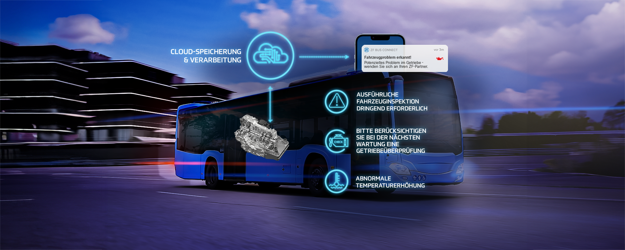 Stadtbus mit Overlay-Symbolen: Wolke, Inspektionsalarm, Übertragung, Temperatur