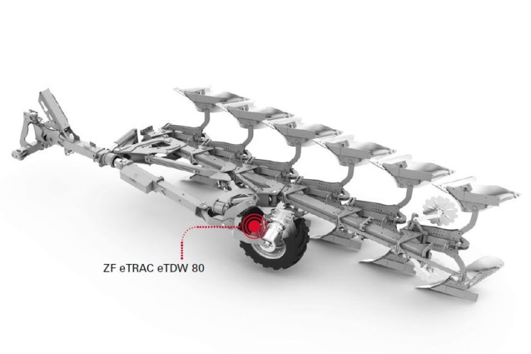 Renderingbild eines Pflugs mit elektrischem Radantrieb eTRAC eTDW80 von ZF.