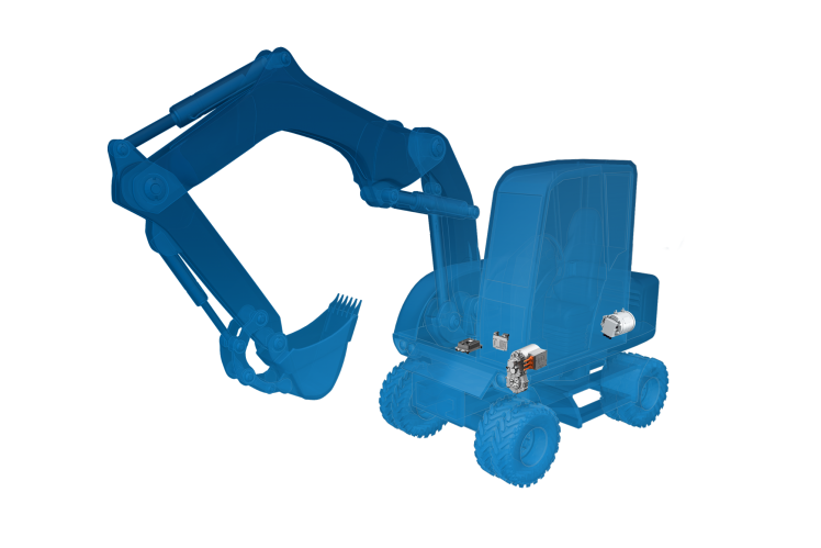 Halbtransparente Fahrzeug-Silhouette eines kompakten Mobilbaggers mit verbauter ZF-Technologie