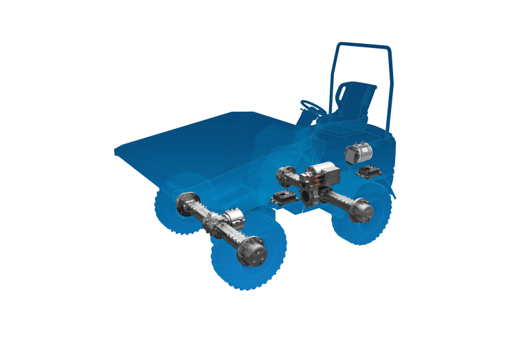 Halbtransparente Fahrzeug-Silhouette eines kompakten Dumpers mit verbauter ZF-Technologie