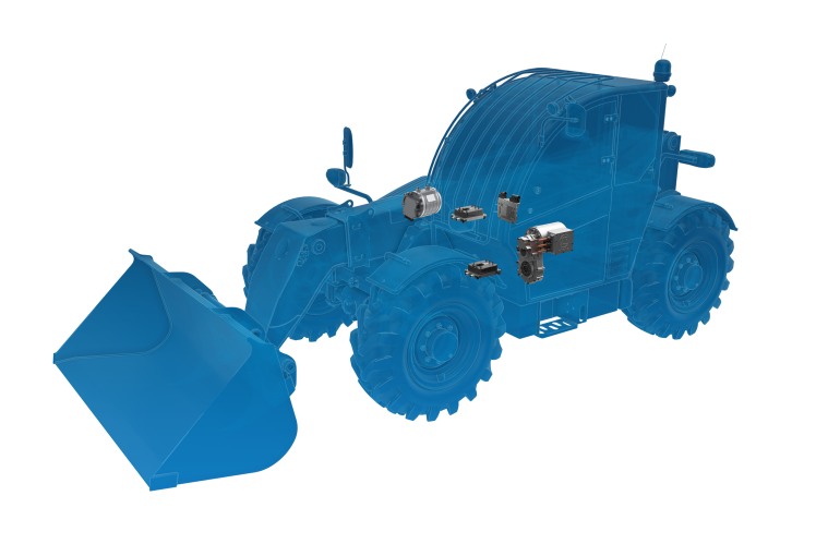 Halbtransparente Fahrzeug-Silhouette eines kompakten Telehandlers mit verbauter ZF-Technologie