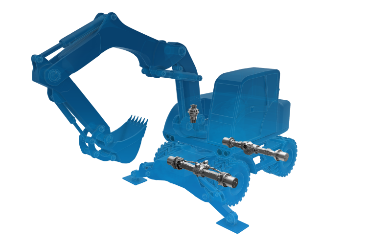 Halbtransparente Fahrzeug-Silhouette eines Mobilbaggers mit verbauter ZF-Technologie