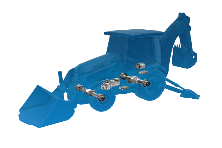 Halbtransparente Fahrzeug-Silhouette eines Baggerladers mit elektrischem Antriebssystem von ZF. 