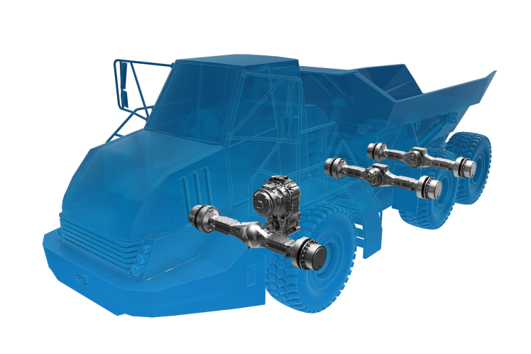 Halbtransparente Fahrzeug-Silhouette eines Dumpers mit verbauten ZF-Komponenten.