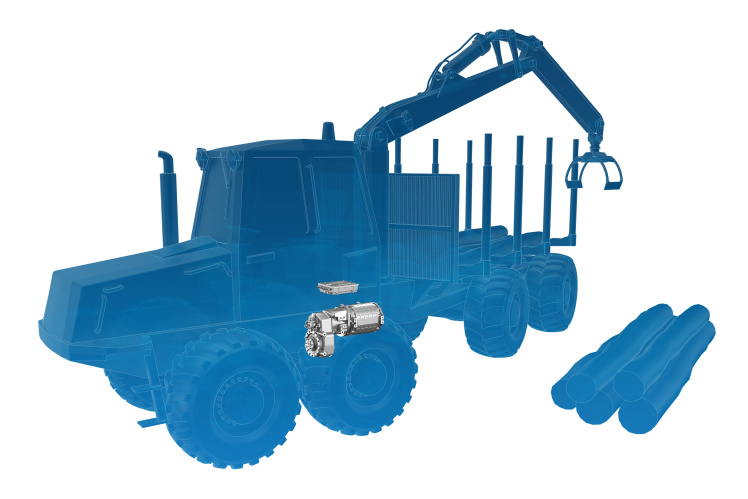 Halbtransparente Fahrzeug-Silhouette eines Forwarders mit elektrischem Antriebssystem von ZF. 