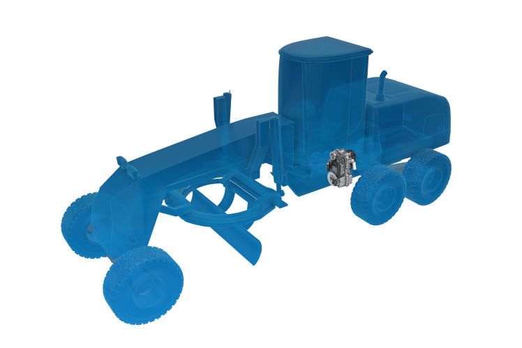 Halbtransparente Fahrzeug-Silhouette eines Graders mit verbauter ZF-Technologie