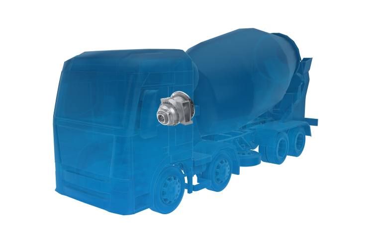 Halbtransparente Fahrzeug-Silhouette eines Fahrmischers mit verbauten ZF-Komponenten.