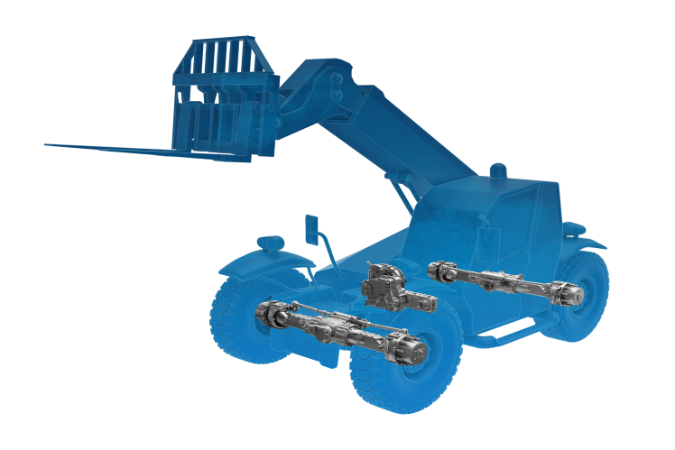 Halbtransparente Fahrzeug-Silhouette eines Telehandlers mit verbauter ZF-Technologie
