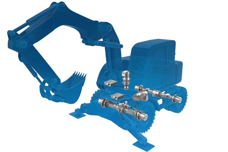 Halbtransparente Fahrzeug-Silhouette eines Mobilbaggers mit elektrischem Antriebssystem von ZF. 