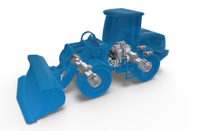 Halbtransparente Fahrzeug-Silhouette eines Radladers mit elektrischem Antriebssystem von ZF. 