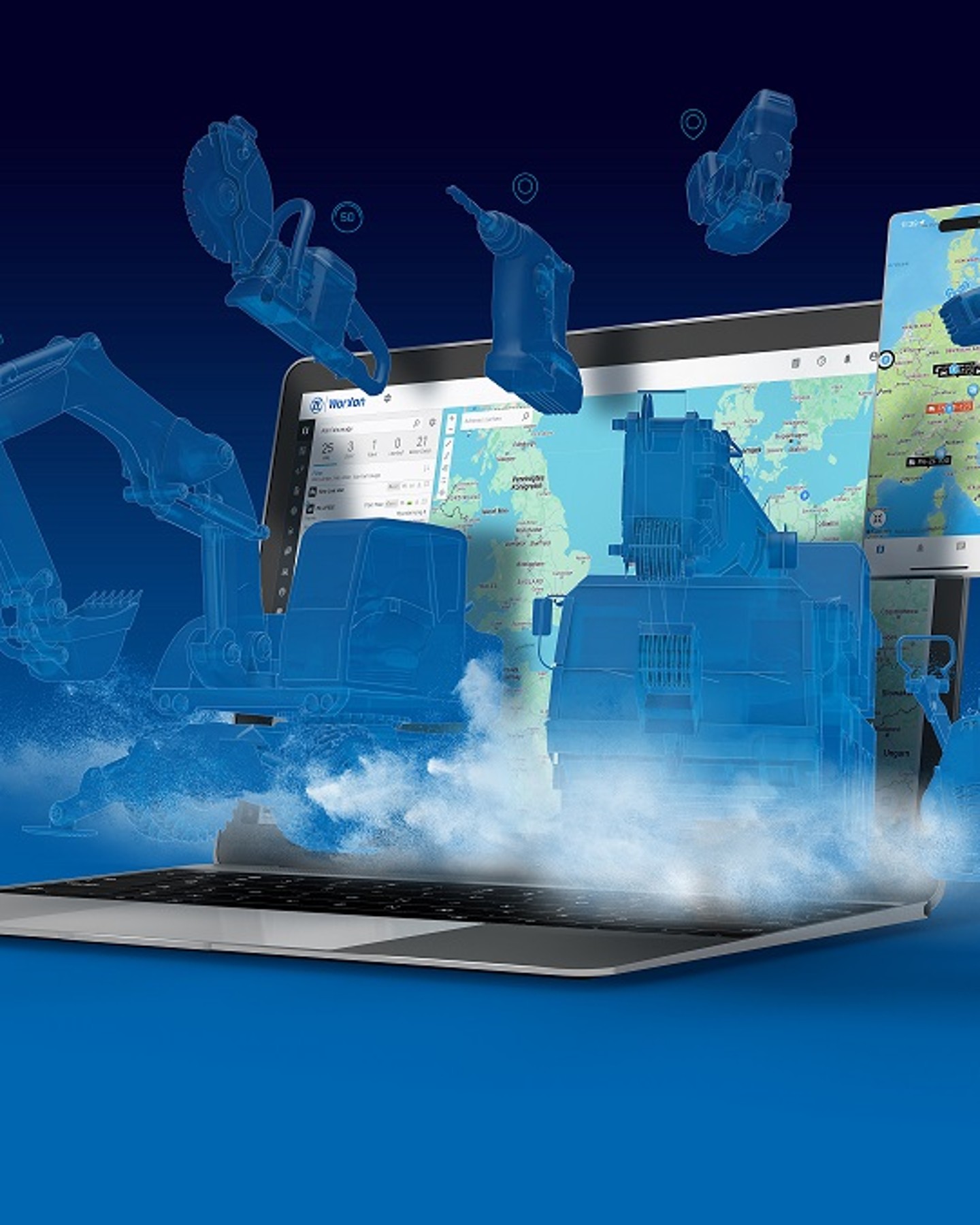 ZF WorXon Key Visual with connected construction equipment flying out of the PC and smartphone