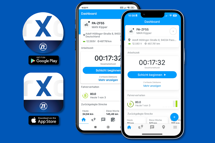 An employee using the ZF WorXon Team App for mobile time tracking and documenting a vehicle check on his mobile phone.